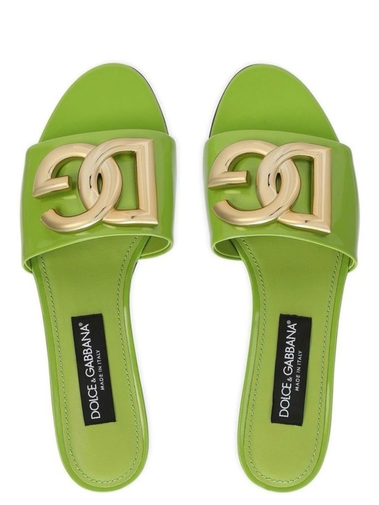 Dolce & Gabbana Shoes - Dolce & Gabbana Lime Green Logo Slide Sandals with Gold Emblem